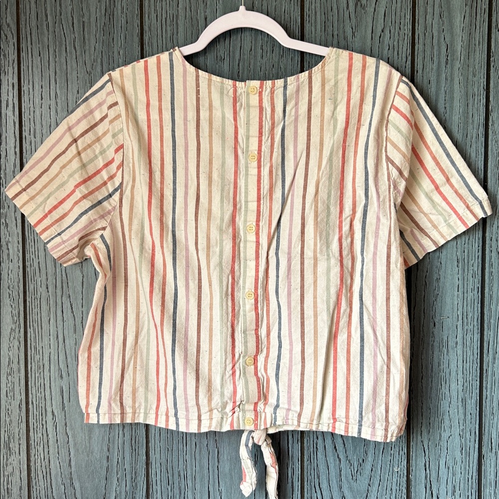 Madewell Cream Stripe Tie-Front Crop Top with Red and Blue Stripes - Picture 3 of 5